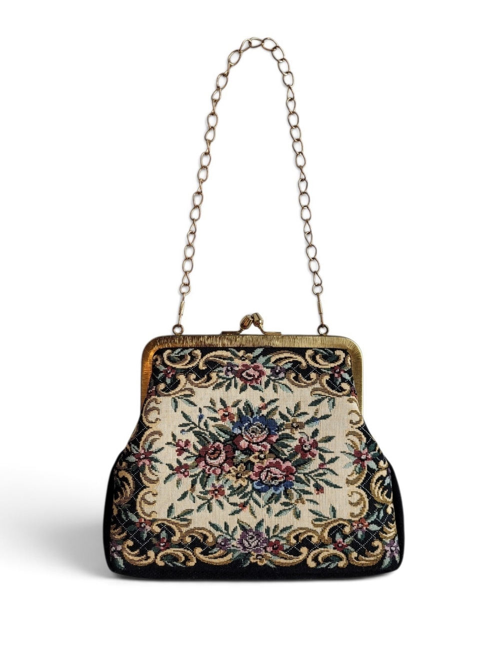Vintage Floral Tapestry Clutch with Gold Chain